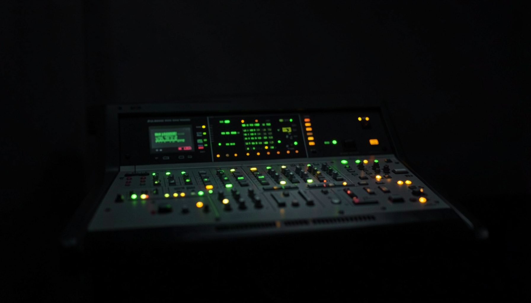 A dim, moody broadcast studio console glowing with soft green and amber indicator lights against a dark charcoal background, quiet and focused mood