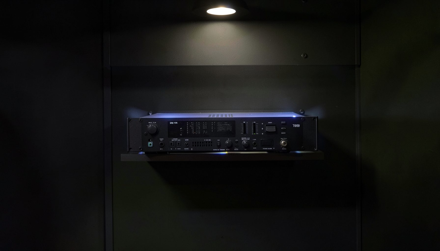 Dark charcoal and olive-green rack studio wall with a compact broadcast audio unit glowing softly under muted overhead light