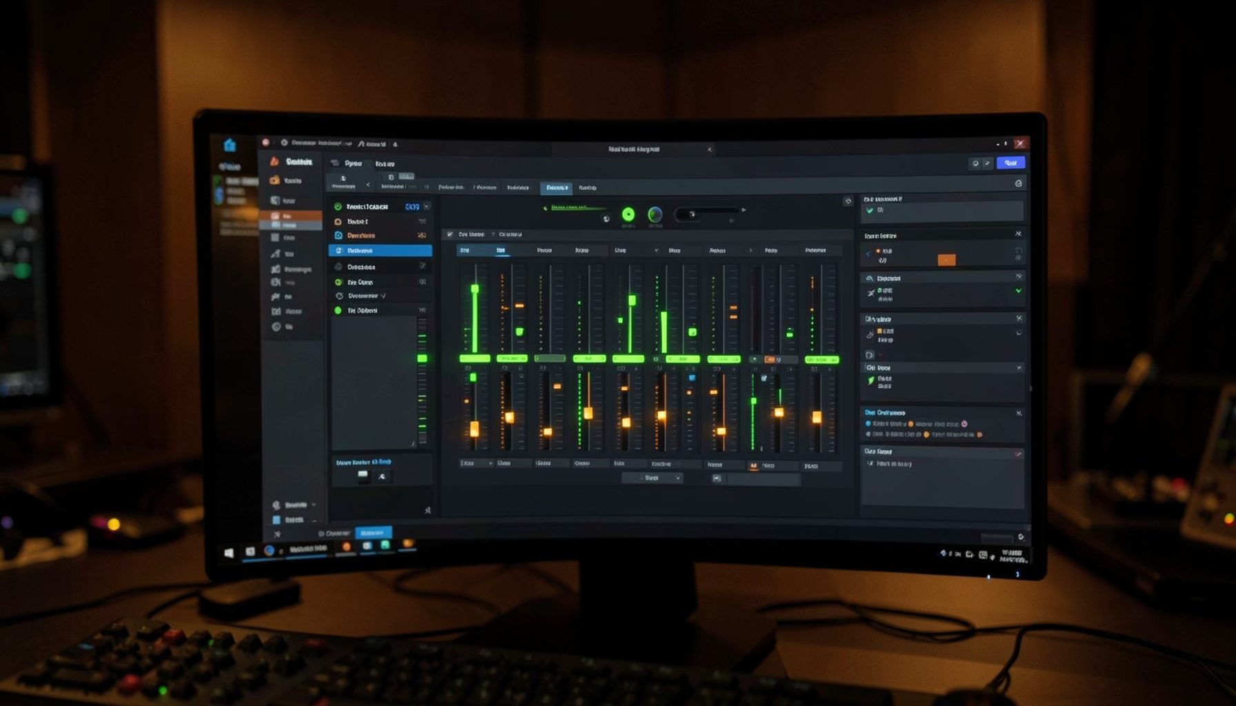 A sleek software mixer interface on a dark computer screen, with glowing green and amber fader channels, surrounded by a dim studio environment