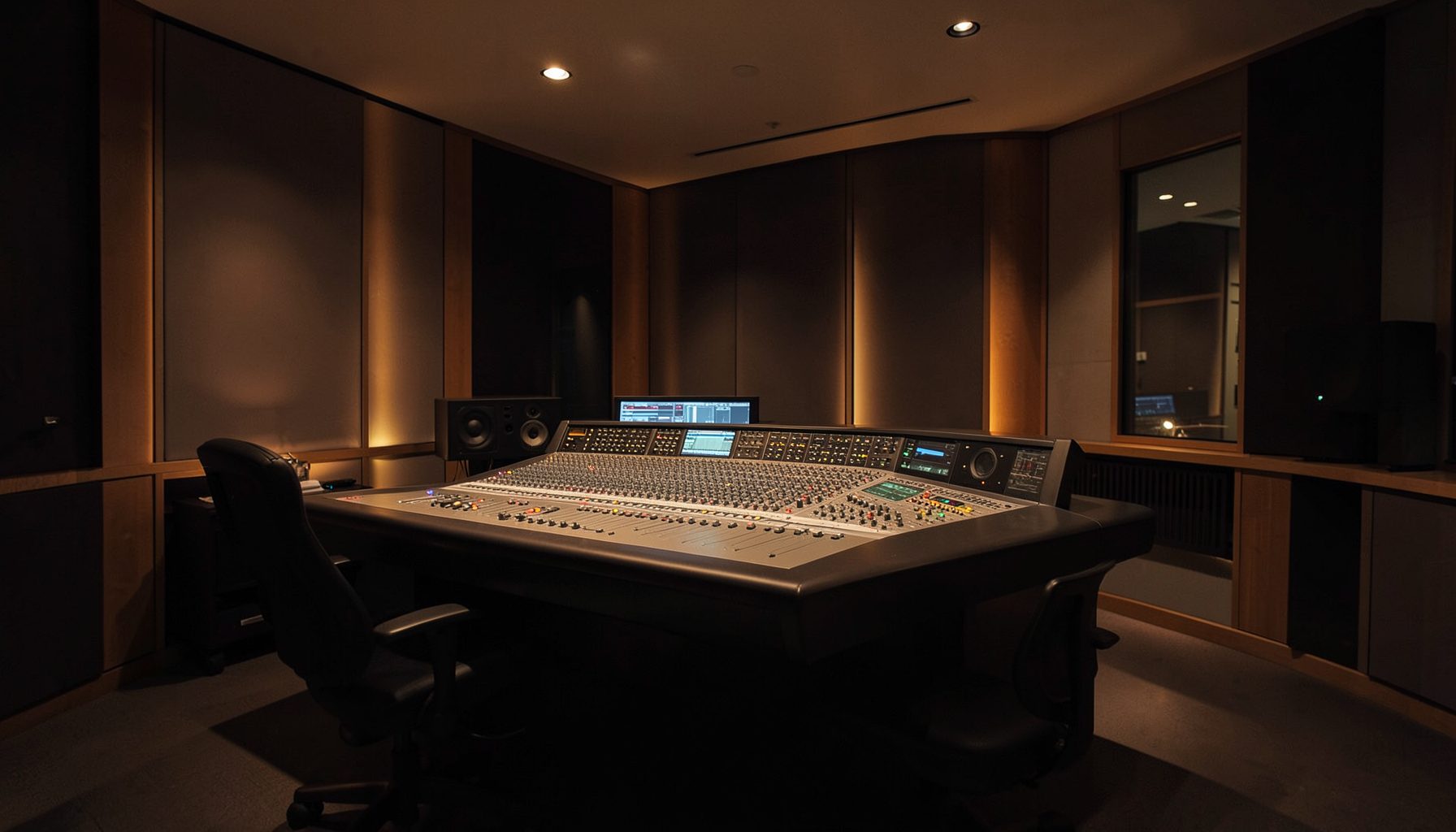 A wide modern broadcast studio with warm amber and charcoal tones, sleek audio mixing console glowing softly under dim lighting, calm and professional atmosphere