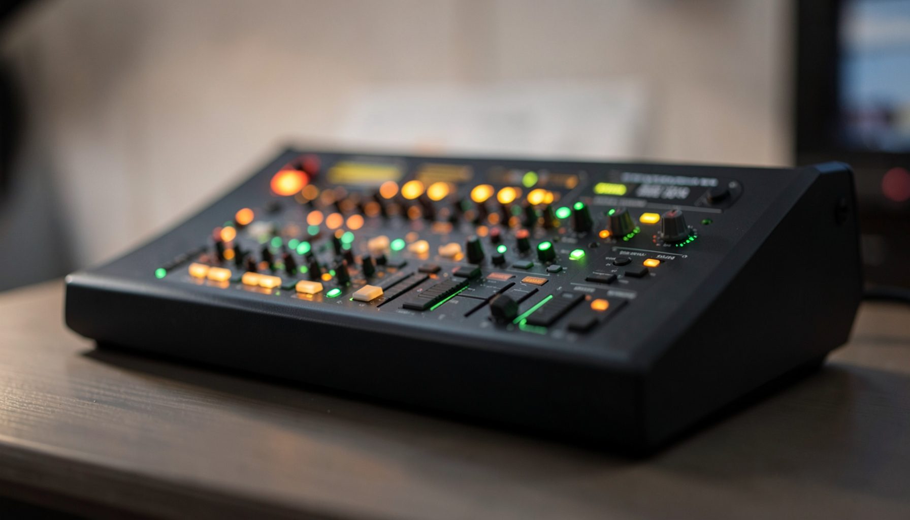A low, sleek dark charcoal mixing console with warm amber and green backlit controls glowing against a softly blurred studio background