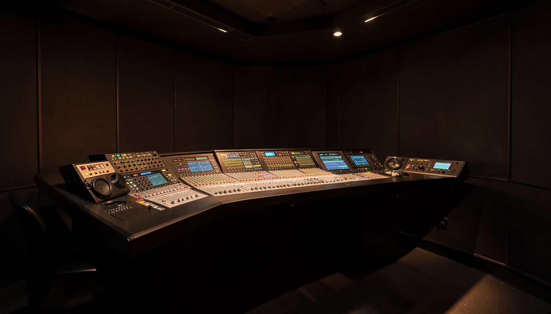 A wide-angle view of a modern broadcast studio with warm amber and charcoal tones, featuring sleek audio equipment and softly glowing control panels, calm and professional mood
