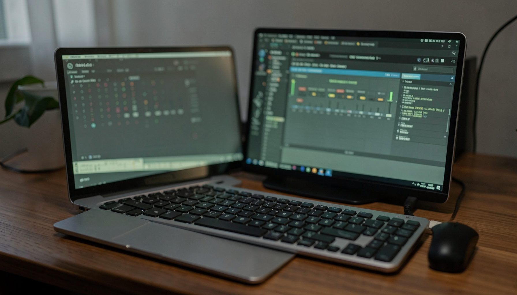 A laptop and standard PC keyboard on a wooden desk with a soft mixing-console-style software interface glowing on the screen.