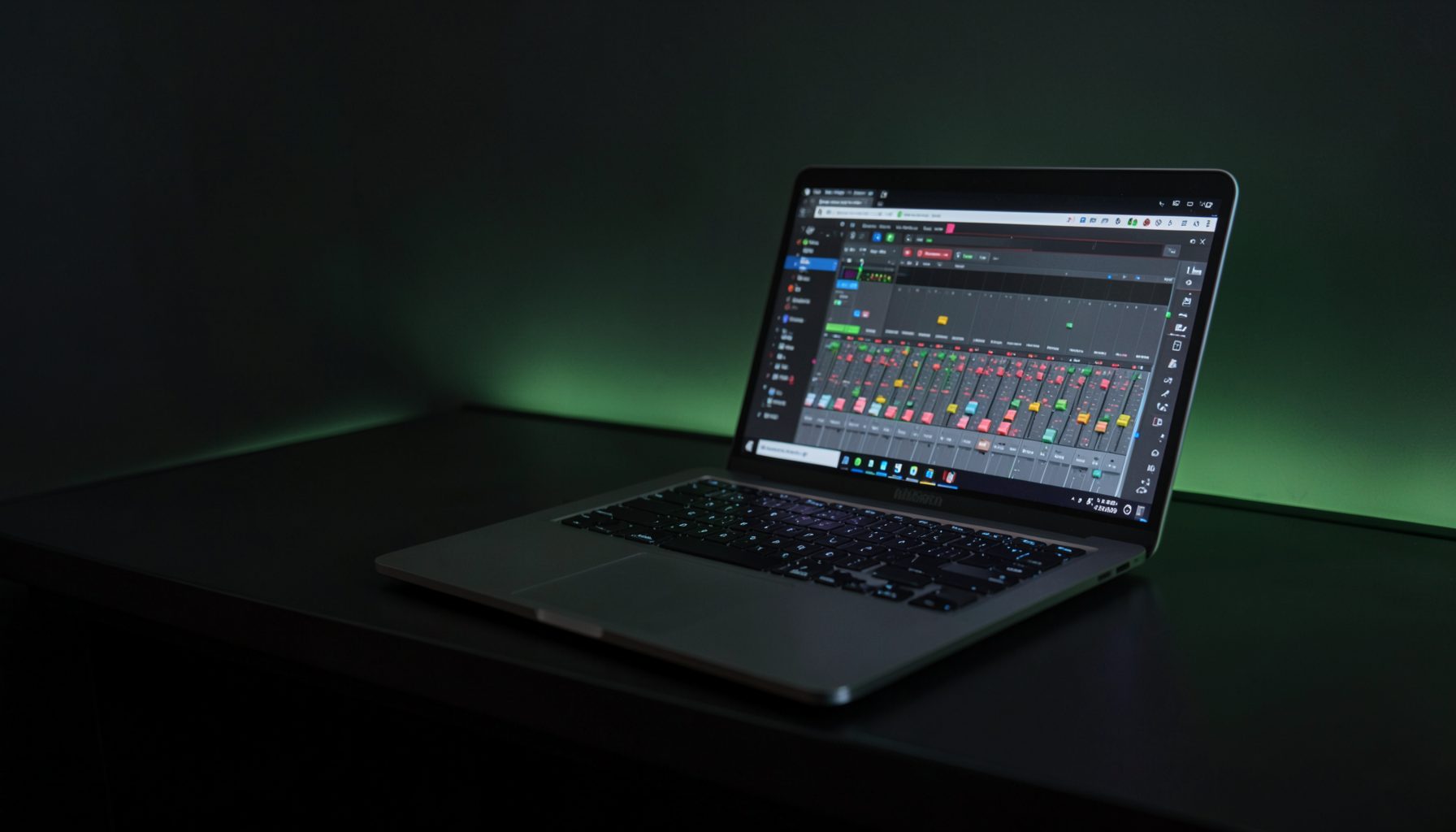 Dark charcoal broadcast studio desk with soft green accent lighting and a laptop screen glowing with mixer channel strips
