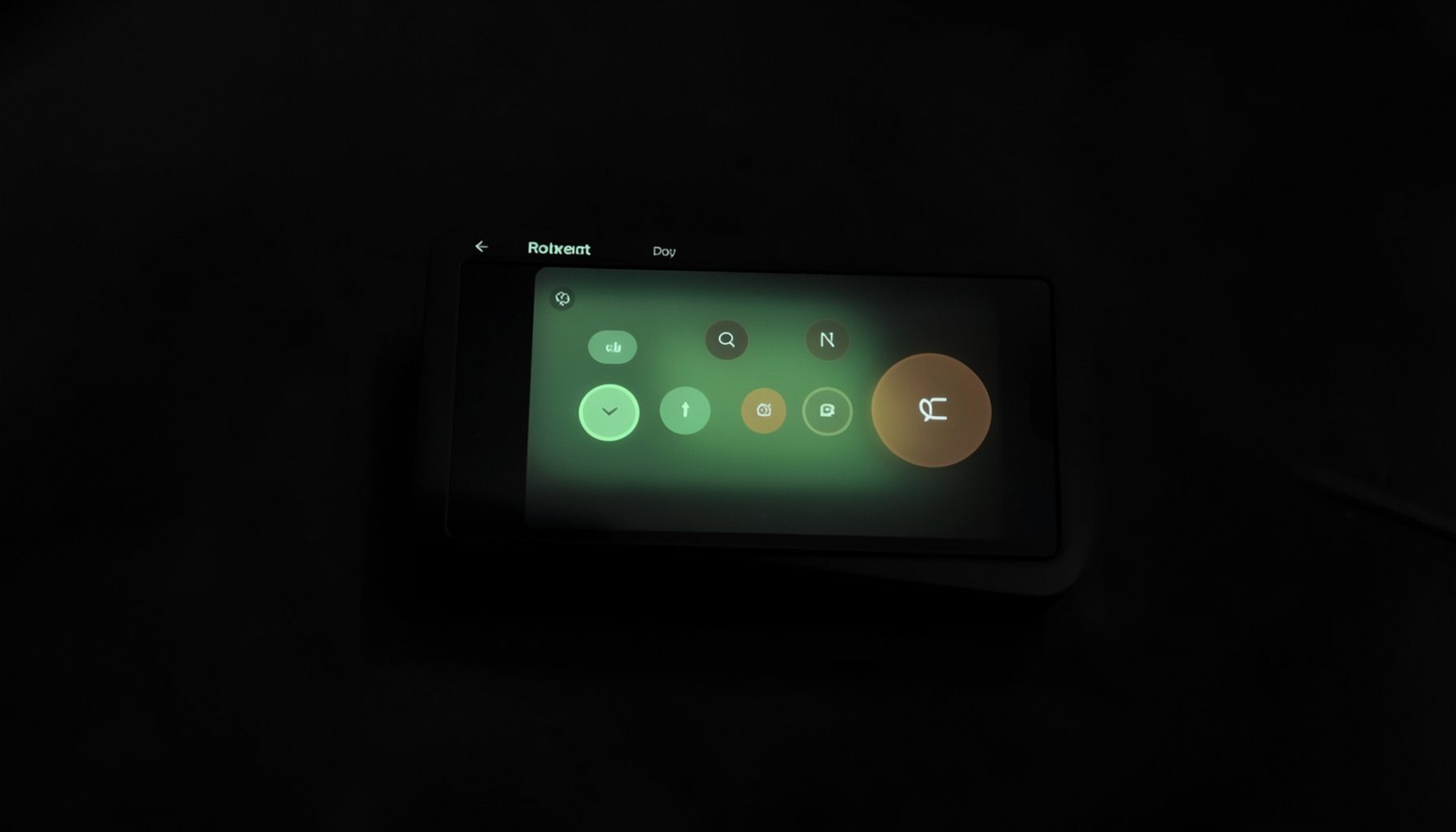 Dark charcoal broadcast studio with a glowing touchscreen panel showing soft green and warm brown control icons, calm and professional atmosphere