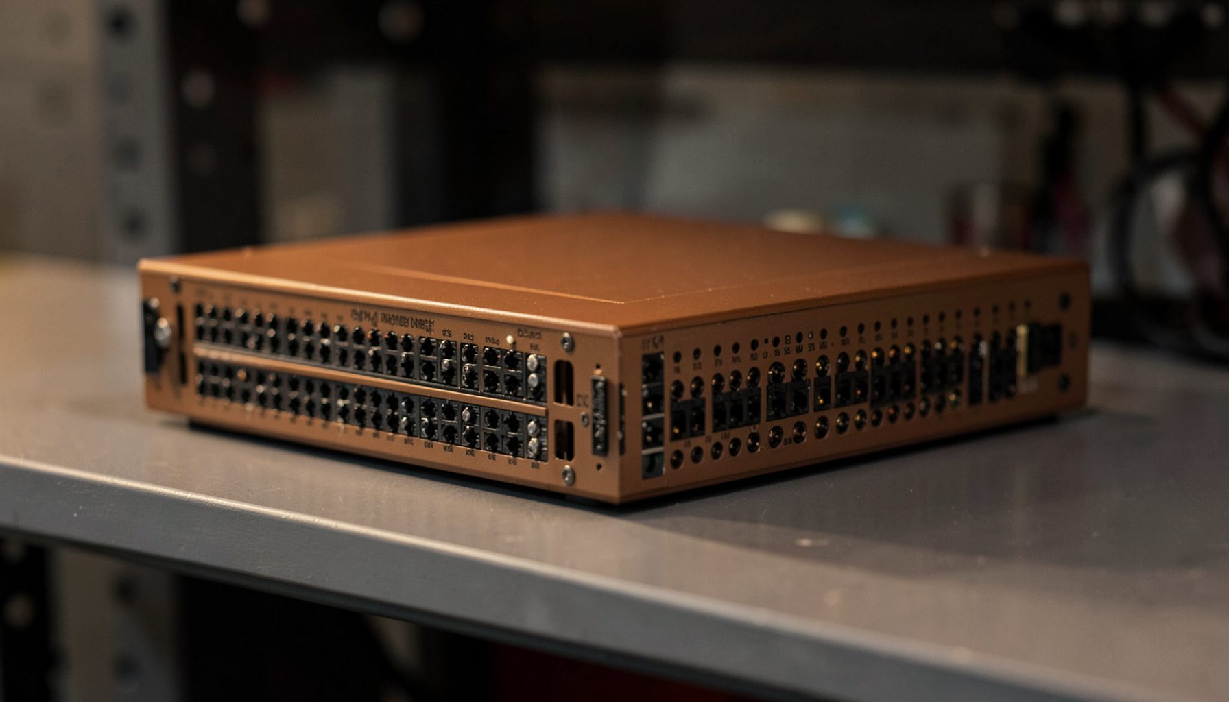 A compact single rack-unit audio processing box with dense rows of connector ports on its rear panel, shown in warm brown and charcoal tones