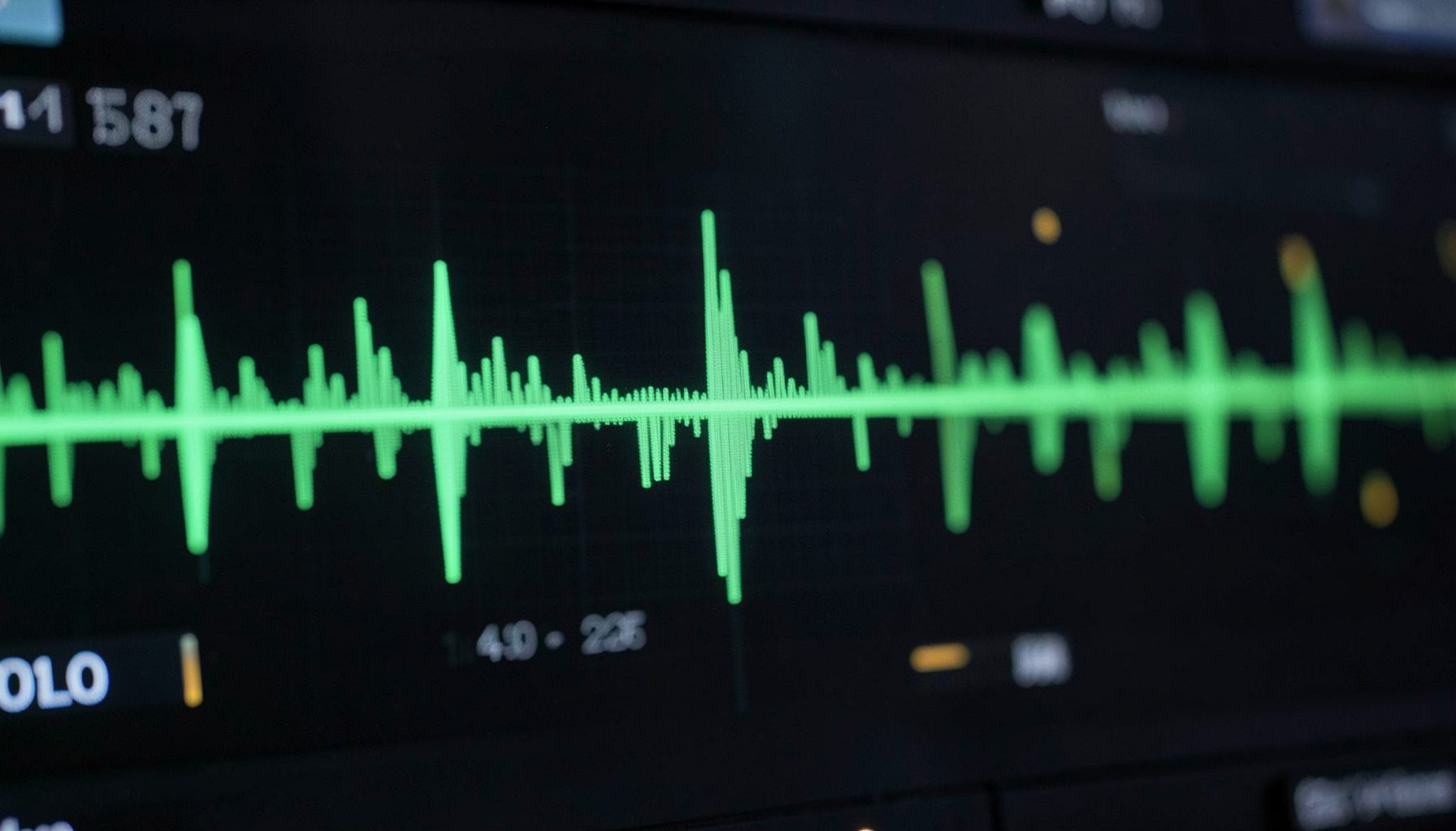 Close-up of a digital audio waveform display with soft green level meters and subtle amber gain reduction indicators on a dark background
