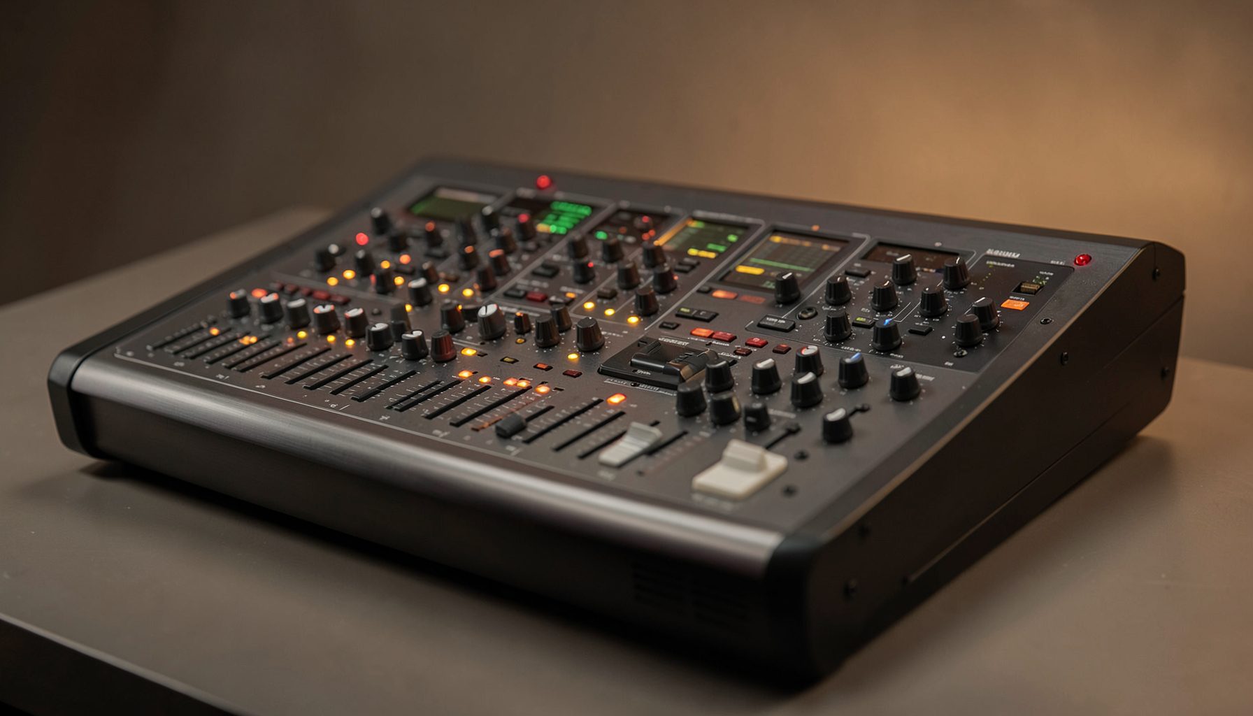 A sleek, low-profile mixing console with rows of illuminated rotary knobs and small screens, finished in muted charcoal and warm amber tones, professional and calm